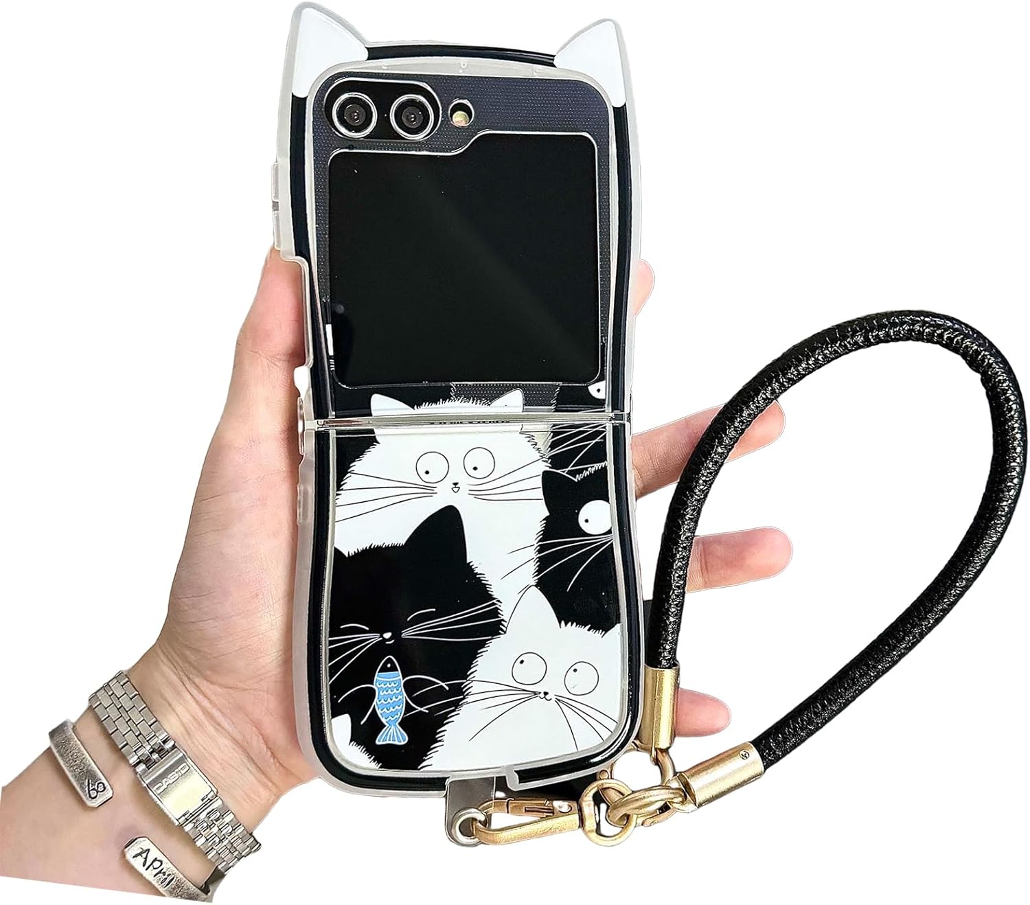 🐱[New Cat Ears] Black and White Cat Phone Case, Suitable for Galaxy Z Flip 3 / Galaxy Z Flip 4 / Galaxy Z Flip 5 / Galaxy Z Flip 6