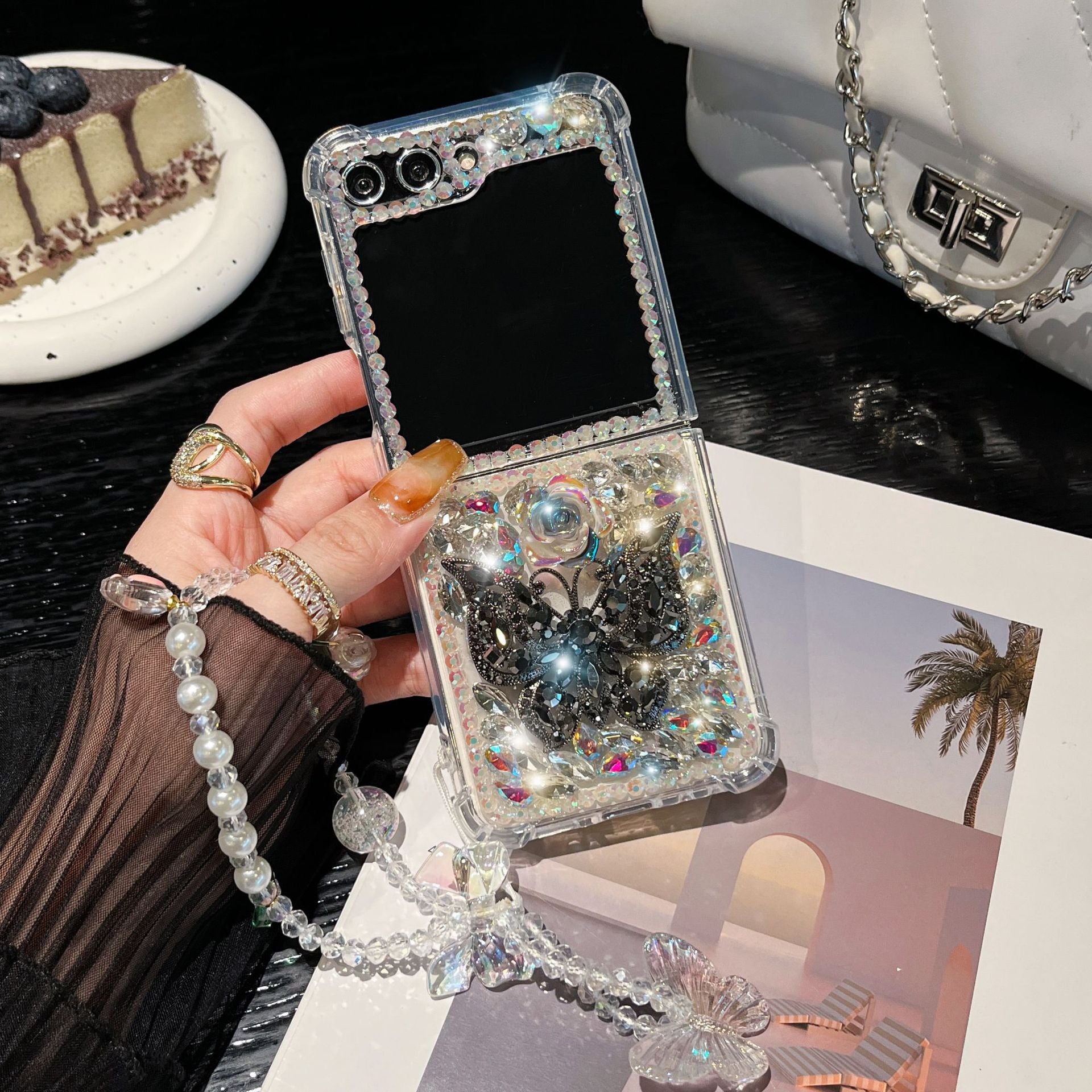Flower butterfly diamond mobile phone case with bracelet for Galaxy Z Flip 3/Galaxy Z Flip 4/Galaxy Z Flip 5