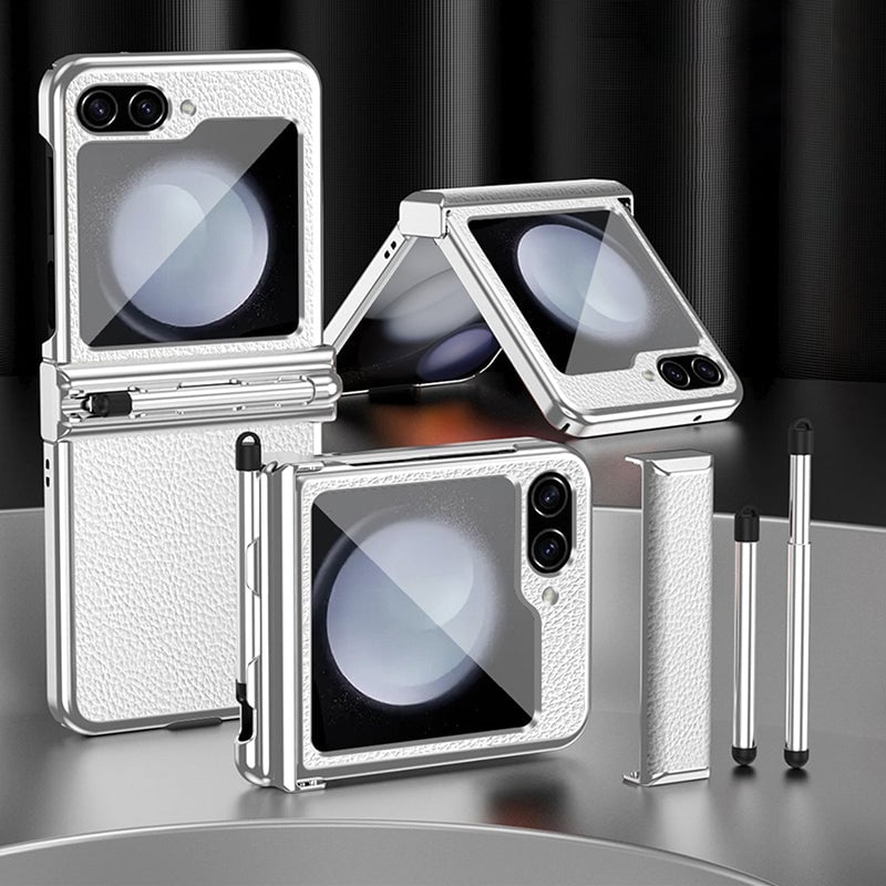Galaxy Z Flip 3/Galaxy Z Flip 4/Galaxy Z Flip 5/Galaxy Z Flip 6 | Electroplated Leather Pen Tray Hinged Phone Case(Bring Pen)