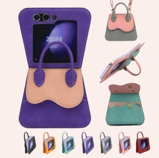 Luxury Leather Handbag Flip Phone Case For Galaxy Z Flip 7/6/5/4/3 with Crossbody Lanyard