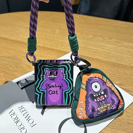 Funny Purple Cat Phone Case With Hand Strap And Big-Eyed Beast Green Wallet, Suitable For Galaxy Z Flip 3/Galaxy Z Flip 4/Galaxy Z Flip 5/Galaxy Z Flip 6
