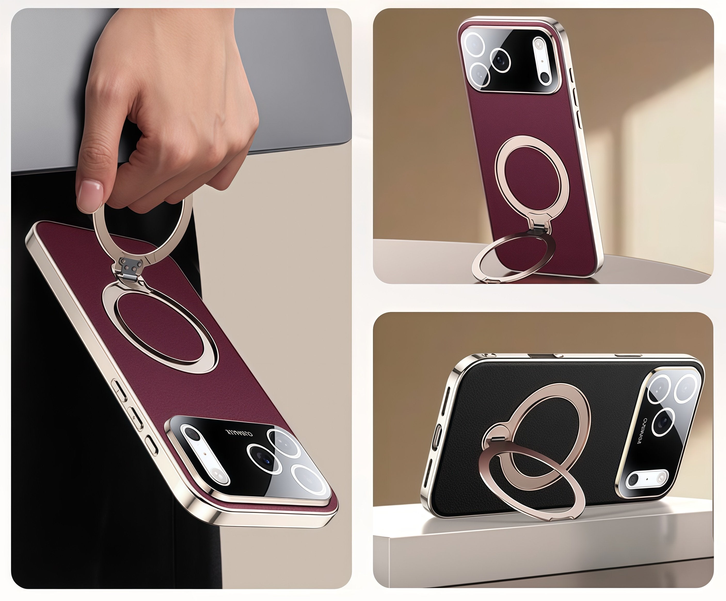 KASCASE | Skin-Textured Leather Rotating Magnetic Stand Case for iPhone 17 Pro Max