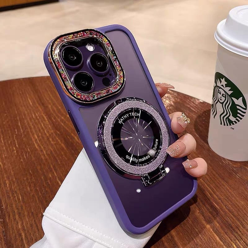 For iPhone 15/14/13/12 series dot diamond lens, glitter magnetic ring holder mobile phone case