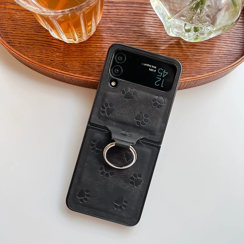 Personalized leather texture cute cat paw pattern mobile phone case with finger ring buckle for Galaxy Z Flip 3/Galaxy Z Flip 4/Galaxy Z Flip 5/Galaxy Z Flip 6