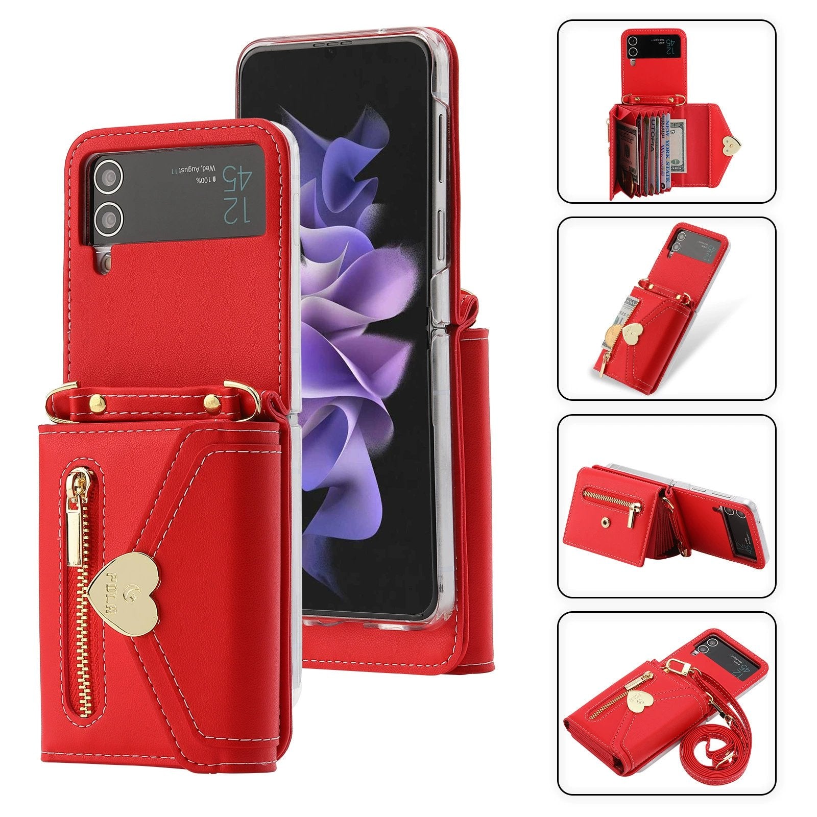 Heart Crossbody Card Holder Phone Case, Compatible with Galaxy Z Flip 3/Galaxy Z Flip 4/Galaxy Z Flip 5/Galaxy Z Flip 6