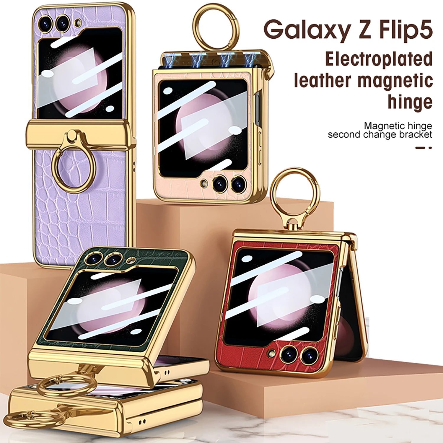 Magnetic hinge ring crocodile leather shell film full-cover protective case for Galaxy Z Flip 3/Galaxy Z Flip 4/Galaxy Z Flip 5/Galaxy Z Flip 6