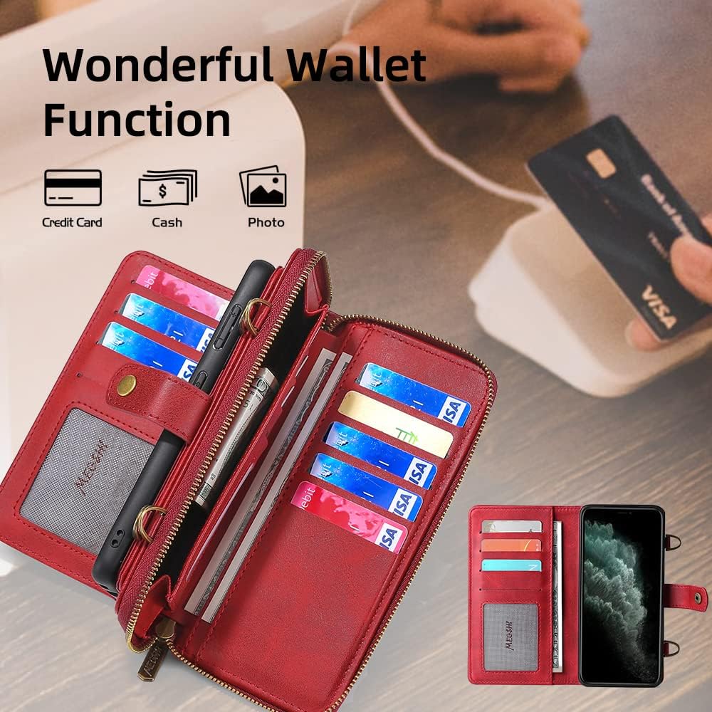 TwoHead for iPhone Wallet Case, Multi-Function Detachable 3 in 1 Magnetic Phone Case Wallet, Flip Strap Zipper Card Holder Phone Case with Shoulder Straps for iPhone