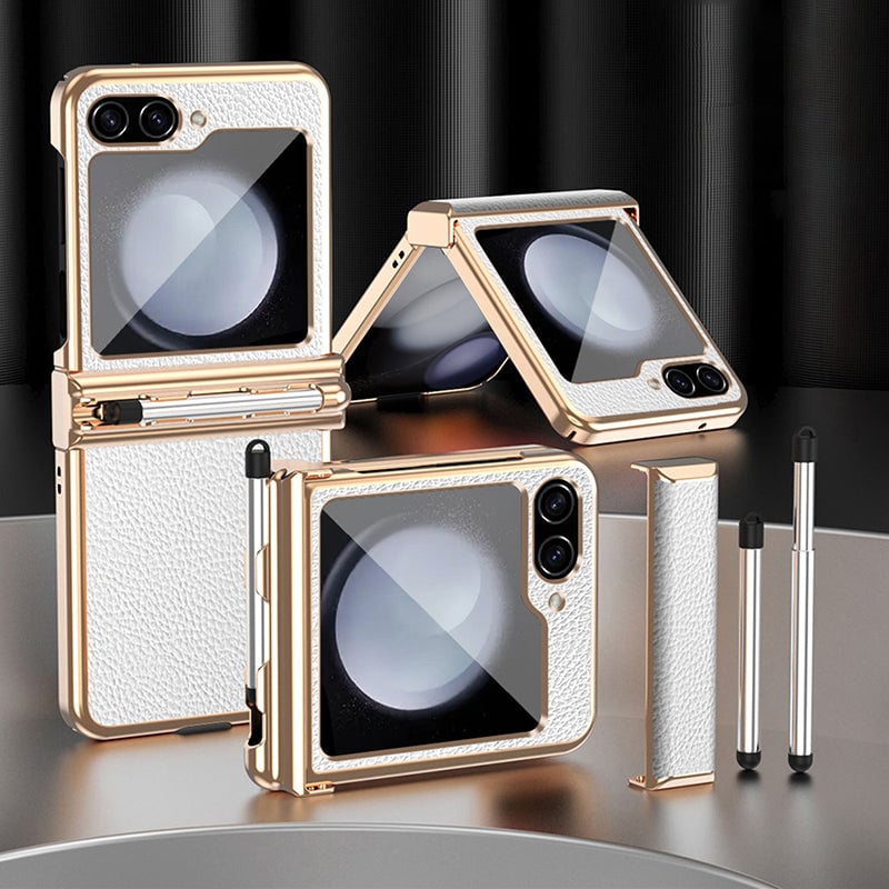 Galaxy Z Flip 3/Galaxy Z Flip 4/Galaxy Z Flip 5/Galaxy Z Flip 6 | Electroplated Leather Pen Tray Hinged Phone Case(Bring Pen)