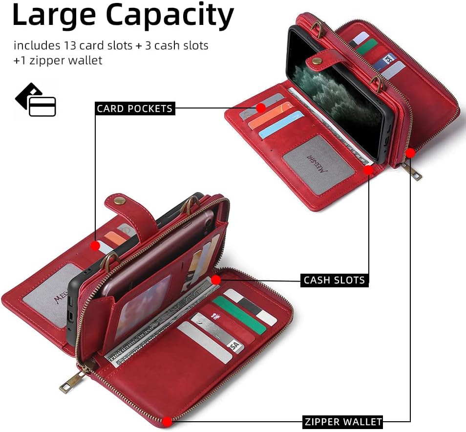 TwoHead for iPhone Wallet Case, Multi-Function Detachable 3 in 1 Magnetic Phone Case Wallet, Flip Strap Zipper Card Holder Phone Case with Shoulder Straps for iPhone