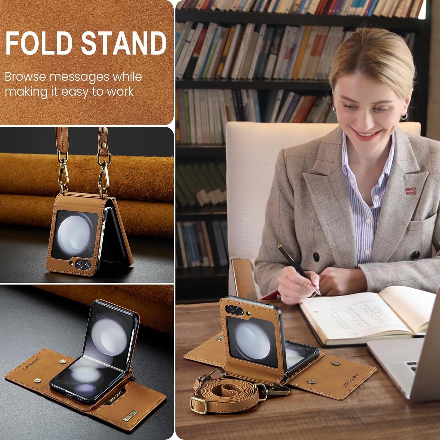 Wallet Case for Galaxy Z Flip 3/Galaxy Z Flip 4/Galaxy Z Flip 5/Galaxy Z Flip 6, Matte Leather, Protective Case with Card Slot Wallet and Shoulder Strap