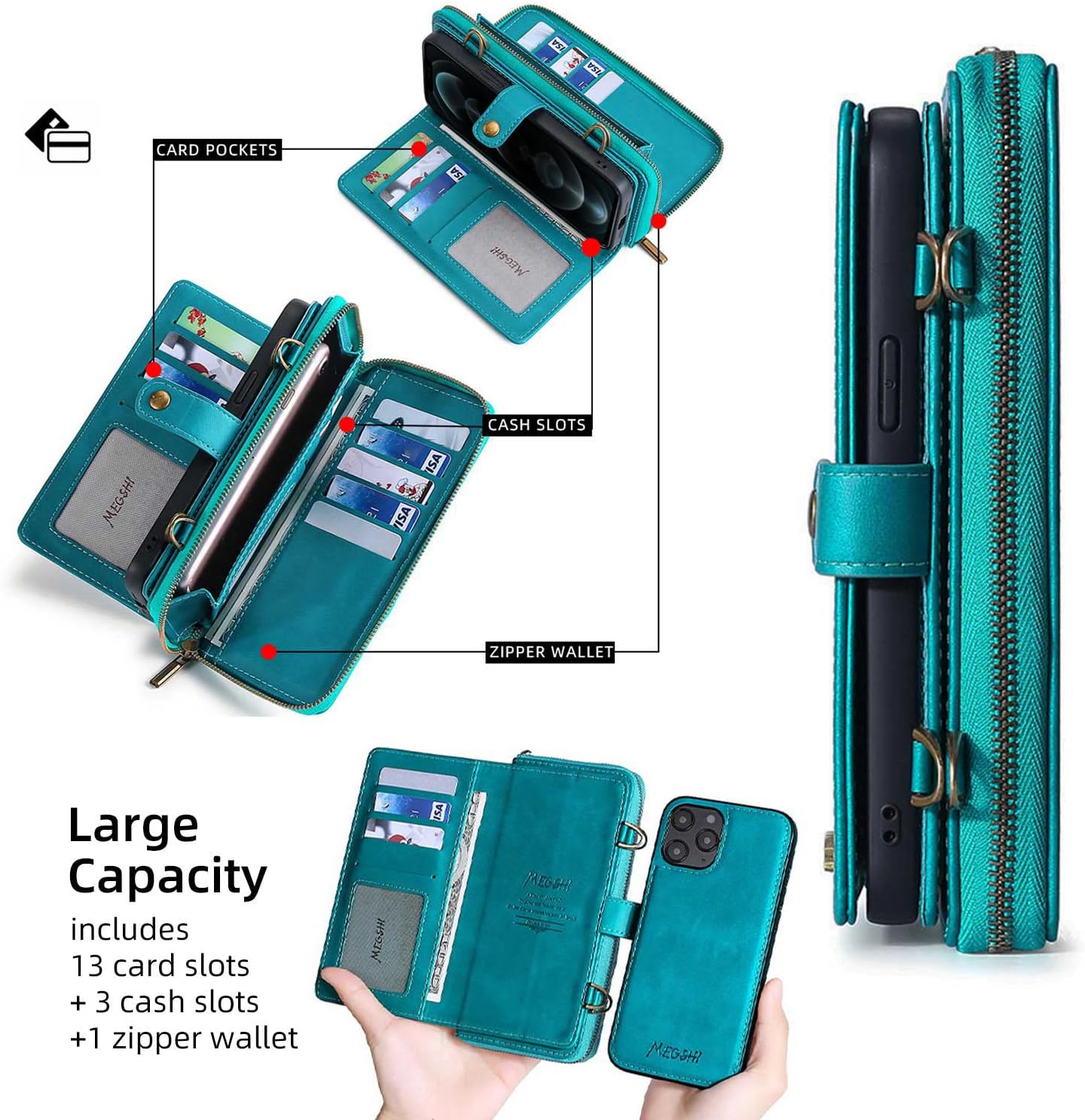 TwoHead for iPhone Wallet Case, Multi-Function Detachable 3 in 1 Magnetic Phone Case Wallet, Flip Strap Zipper Card Holder Phone Case with Shoulder Straps for iPhone