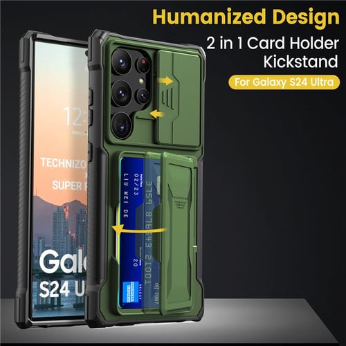 Sliding window lens holder for Samsung Galaxy S24 Ultra, anti-drop protective cover with card insertion