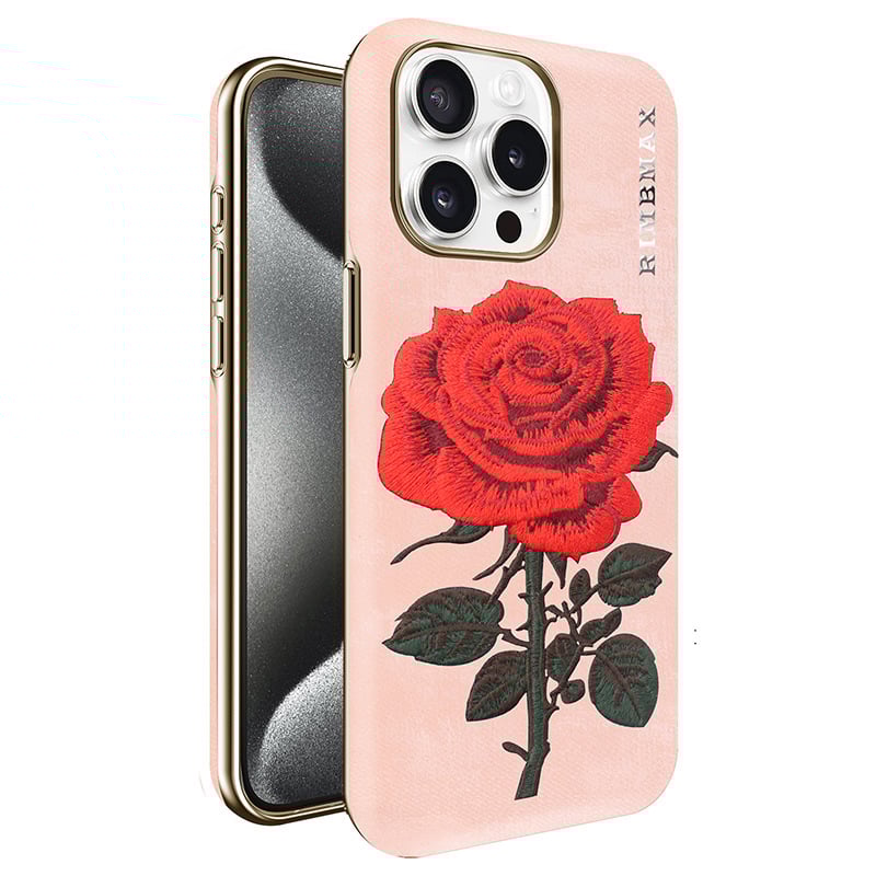 For iPhone Embroidery Phone Case Electroplated Rose Embroidery Leather Case