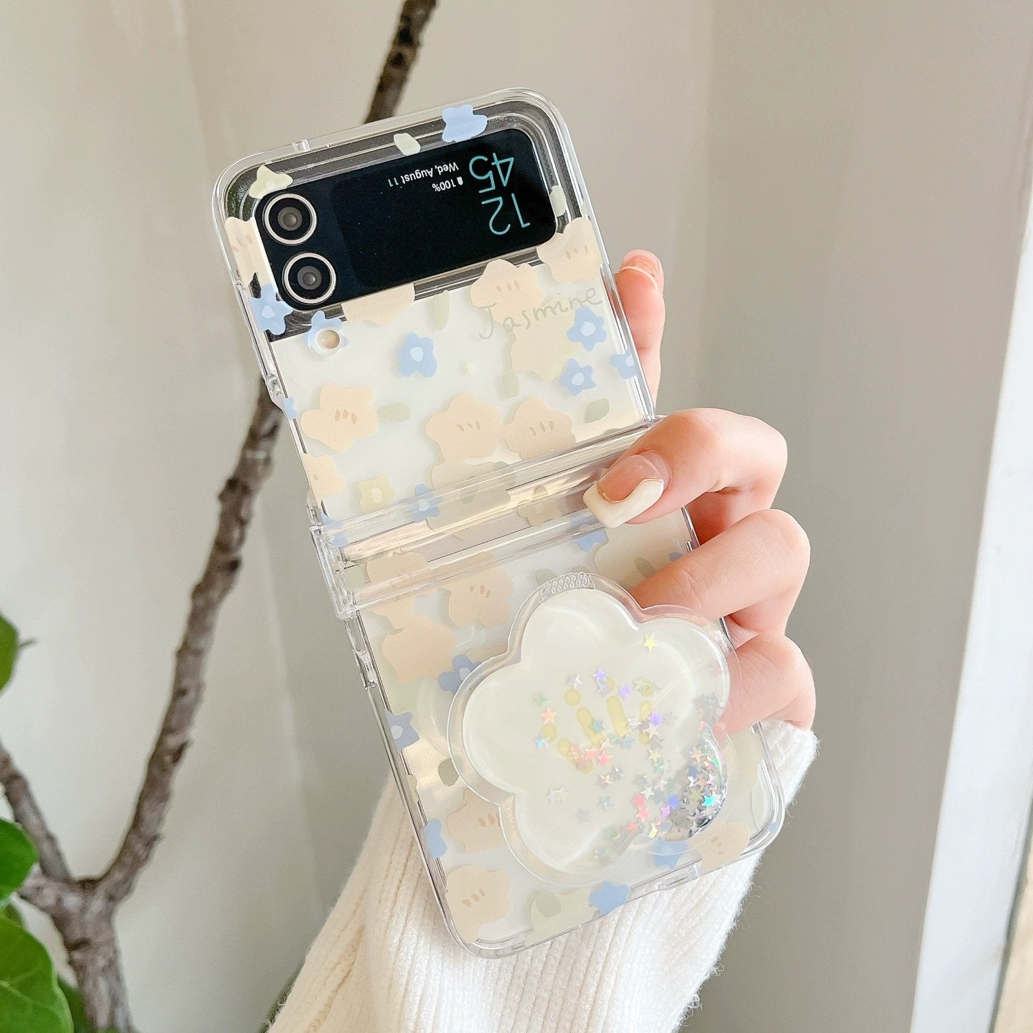 Pink and Yellow Flower Protective Case With Quicksand Stand For Galaxy Z Flip 3/Galaxy Z Flip 4/Galaxy Z Flip 5/Galaxy Z Flip 6