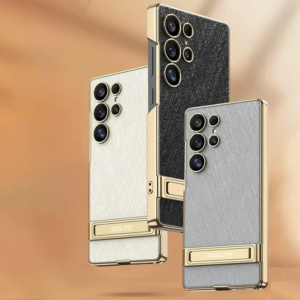 Electroplated Stand For Samsung Galaxy S25 S24 S23 Ultra Gold Wire Silver Brocade Leather Anti-Fall Protective Case(Only Case)