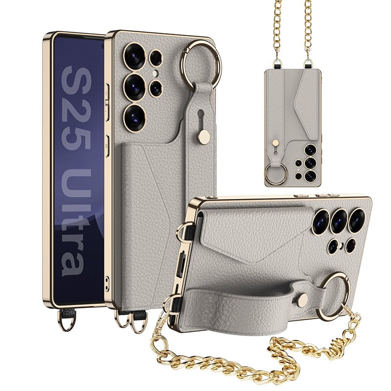 Suitable For Samsung Galaxy S25 S24 S23 Ultra Electroplated Leather Wristband Card Holder Mobile Phone Case