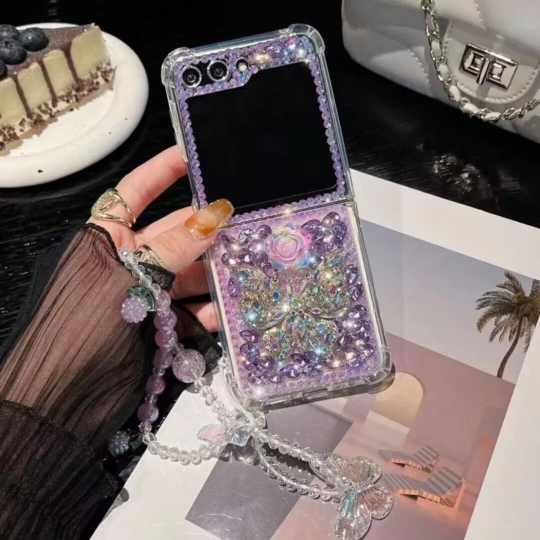 Flower butterfly diamond mobile phone case with bracelet for Galaxy Z Flip 3/Galaxy Z Flip 4/Galaxy Z Flip 5