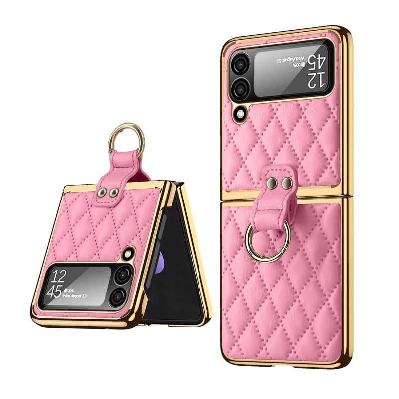 Luxury Leather Ring Stand Electroplating Shockproof Case For Galaxy Z Flip 3 / Galaxy Z Flip 4 / Galaxy Z Flip 5 / Galaxy Z Flip 6