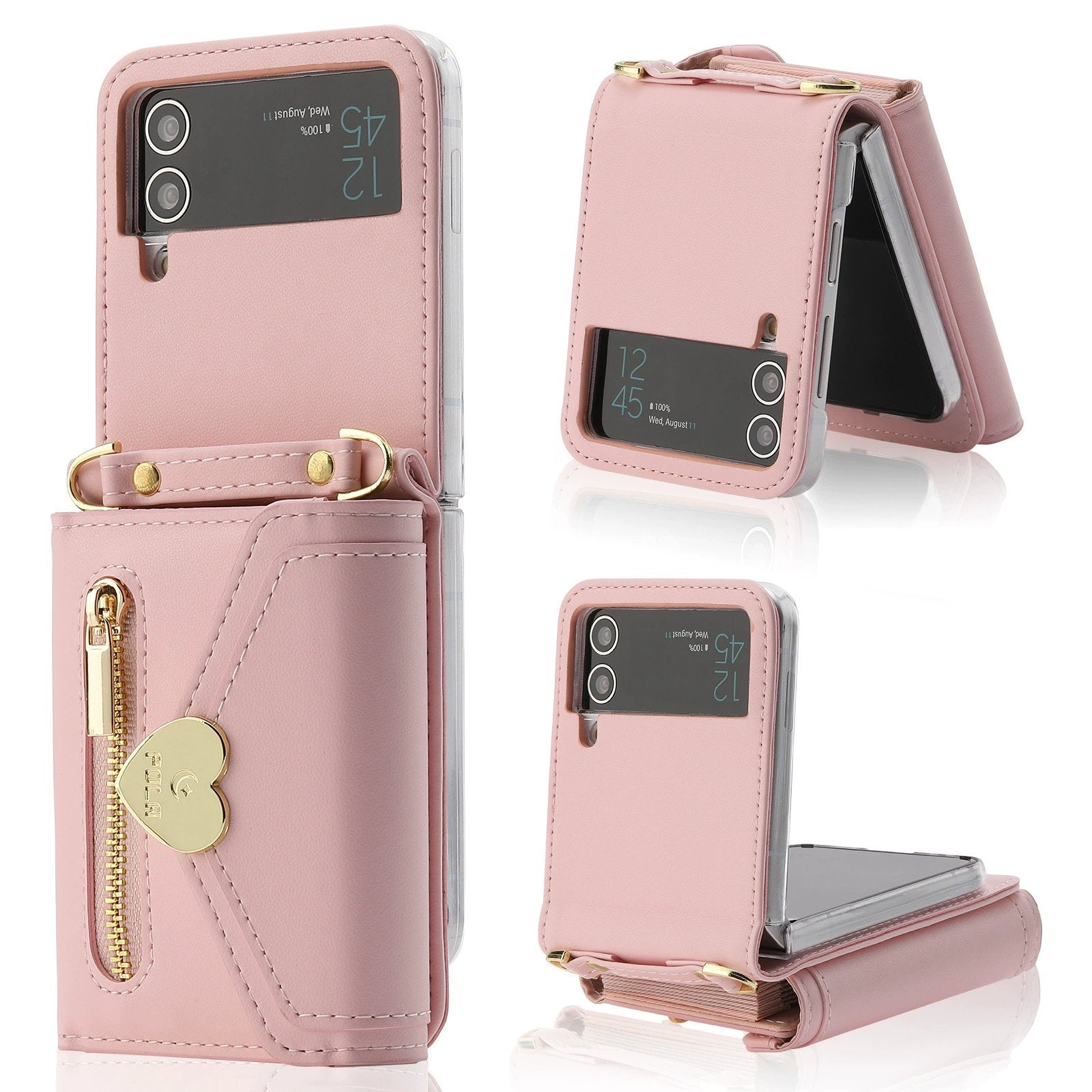 Heart Crossbody Card Holder Phone Case, Compatible with Galaxy Z Flip 3/Galaxy Z Flip 4/Galaxy Z Flip 5/Galaxy Z Flip 6