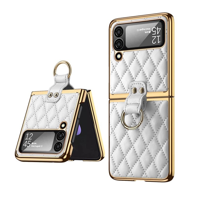 Luxury Leather Ring Stand Electroplating Shockproof Case For Galaxy Z Flip 3 / Galaxy Z Flip 4 / Galaxy Z Flip 5 / Galaxy Z Flip 6