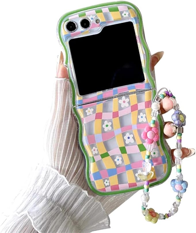Cute Flower Case For Galaxy Z Flip 3/Galaxy Z Flip 4/Galaxy Z Flip 5/Galaxy Z Flip 6 – Checker and Daisy Print with Lovely Floral Beads Strap & Curly Wave Frame