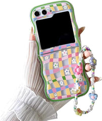 Cute Flower Case For Galaxy Z Flip 3/Galaxy Z Flip 4/Galaxy Z Flip 5/Galaxy Z Flip 6 – Checker and Daisy Print with Lovely Floral Beads Strap & Curly Wave Frame