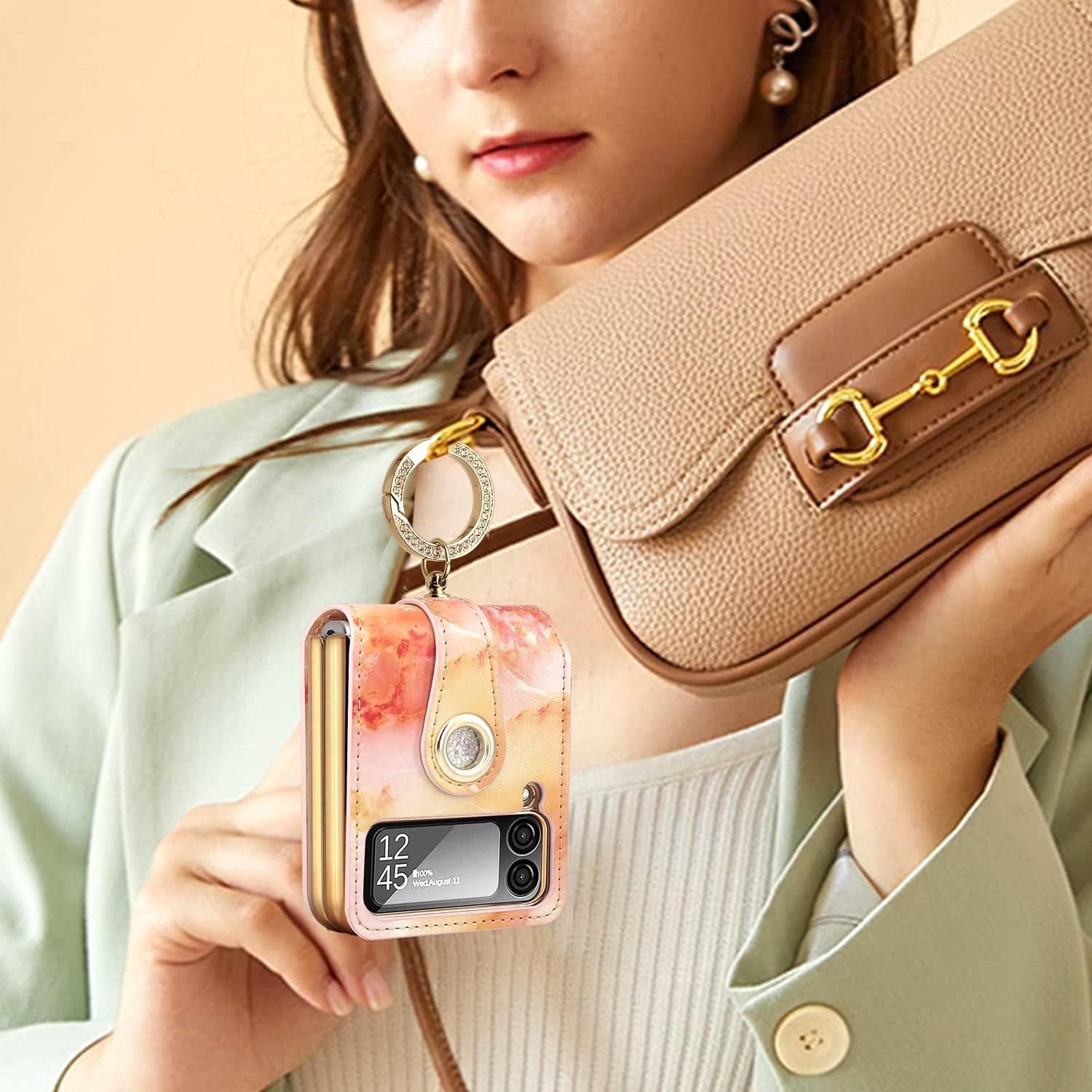 Galaxy Z Flip 3/Galaxy Z Flip 4/Galaxy Z Flip 5/Galaxy Z Flip 6 | Soft marbled leather phone case with luxurious glitter ring