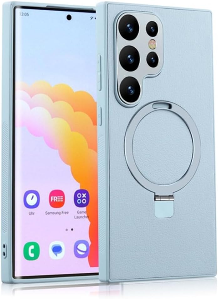 Leather Phone Case with Magnetic Metal Holder for Galaxy S24 S23 S22 Series, Support Wireless Charging