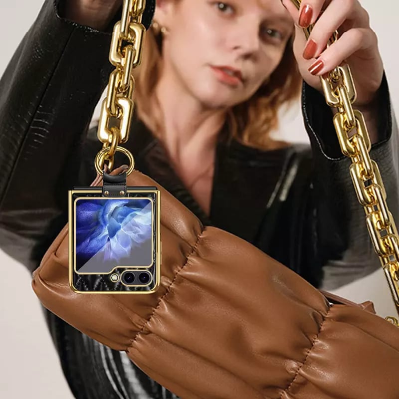 Luxury Leather Ring Stand Electroplating Shockproof Case For Galaxy Z Flip 3 / Galaxy Z Flip 4 / Galaxy Z Flip 5 / Galaxy Z Flip 6