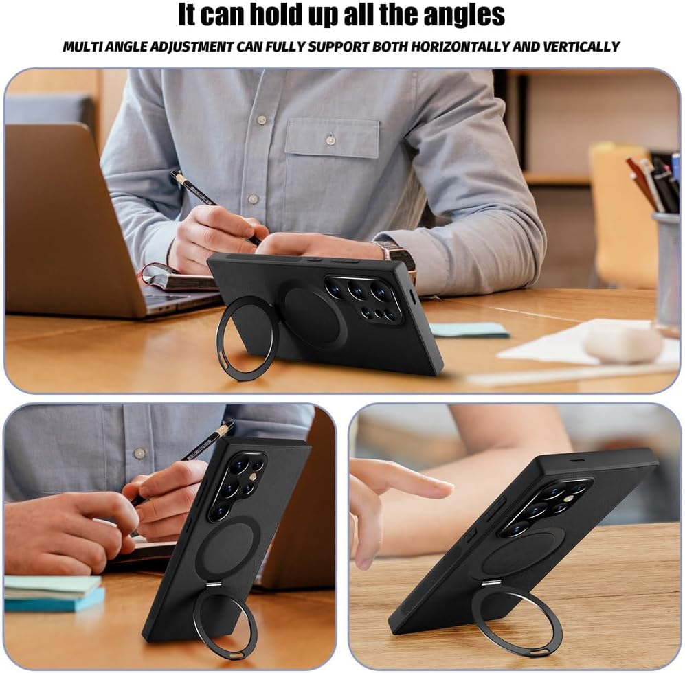 Leather Phone Case with Magnetic Metal Holder for Galaxy S24 S23 S22 Series, Support Wireless Charging
