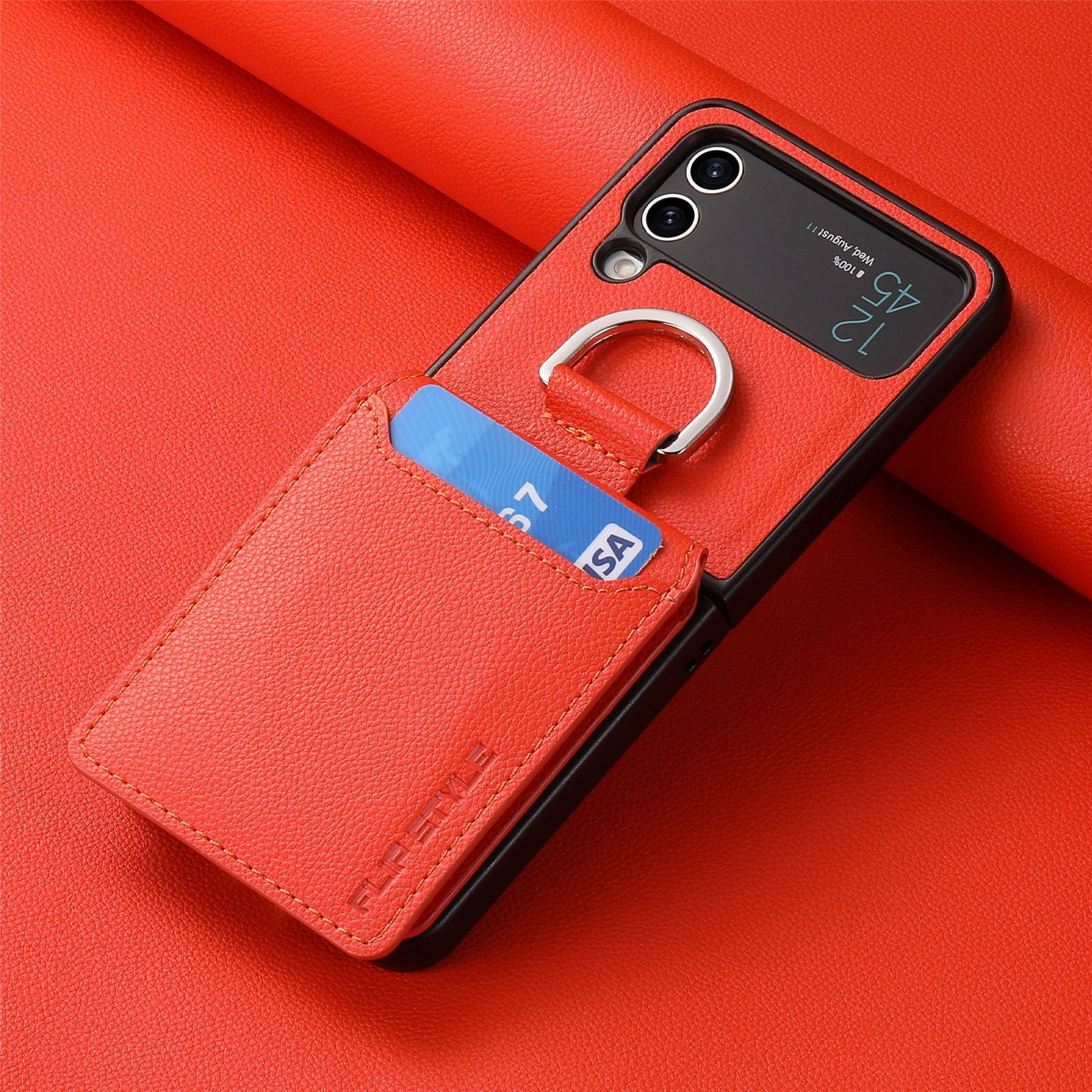 SentimentvalueTM Leather Case with Card Holder and Metal Ring for Galaxy Z Flip 3/Galaxy Z Flip 4/Galaxy Z Flip 5/Galaxy Z Flip 6