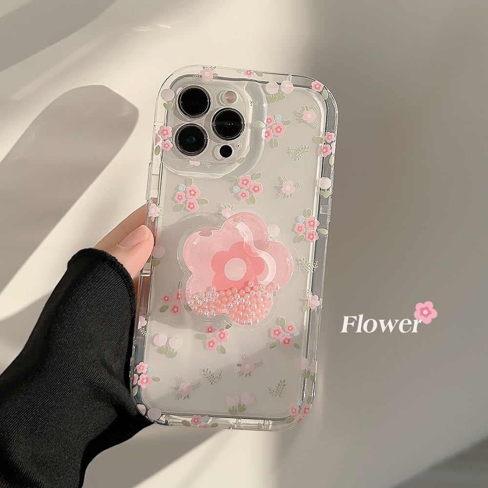 Floral Mobile Phone Case For iPhone 16/15/14/13/12/11 Series With Flower-shaped Quicksand Stand