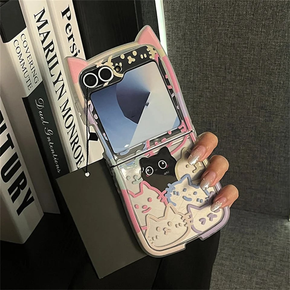 Cute 3D Cat Ear Graffiti Cat Phone Case, Suitable for Galaxy Z Flip 3/Galaxy Z Flip 4/Galaxy Z Flip 5/Galaxy Z Flip 6