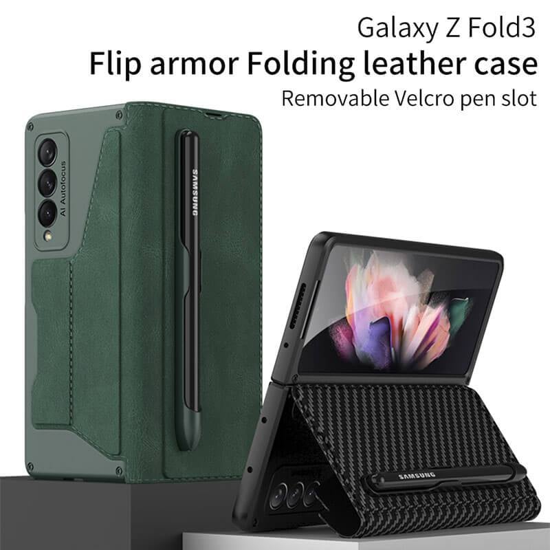 Leather Pen Holder Armor Back Case For Galaxy Z Fold 3/Galaxy Z Fold 4/Galaxy Z Fold 5/Galaxy Z Fold 6
