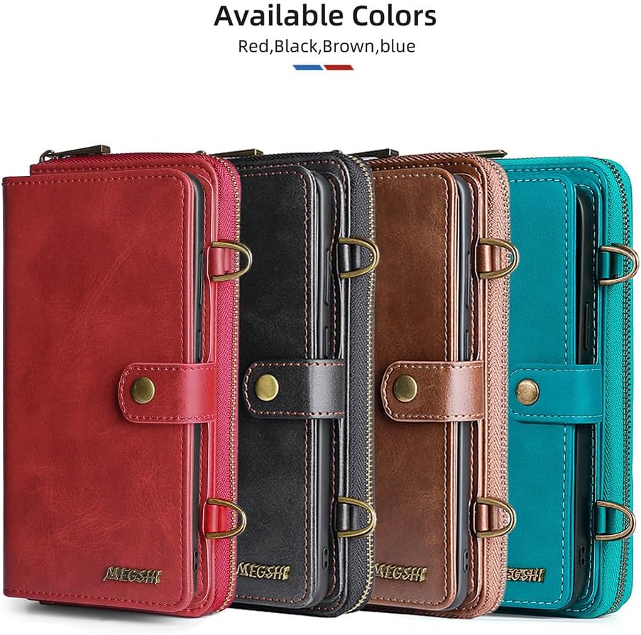 TwoHead for iPhone Wallet Case, Multi-Function Detachable 3 in 1 Magnetic Phone Case Wallet, Flip Strap Zipper Card Holder Phone Case with Shoulder Straps for iPhone