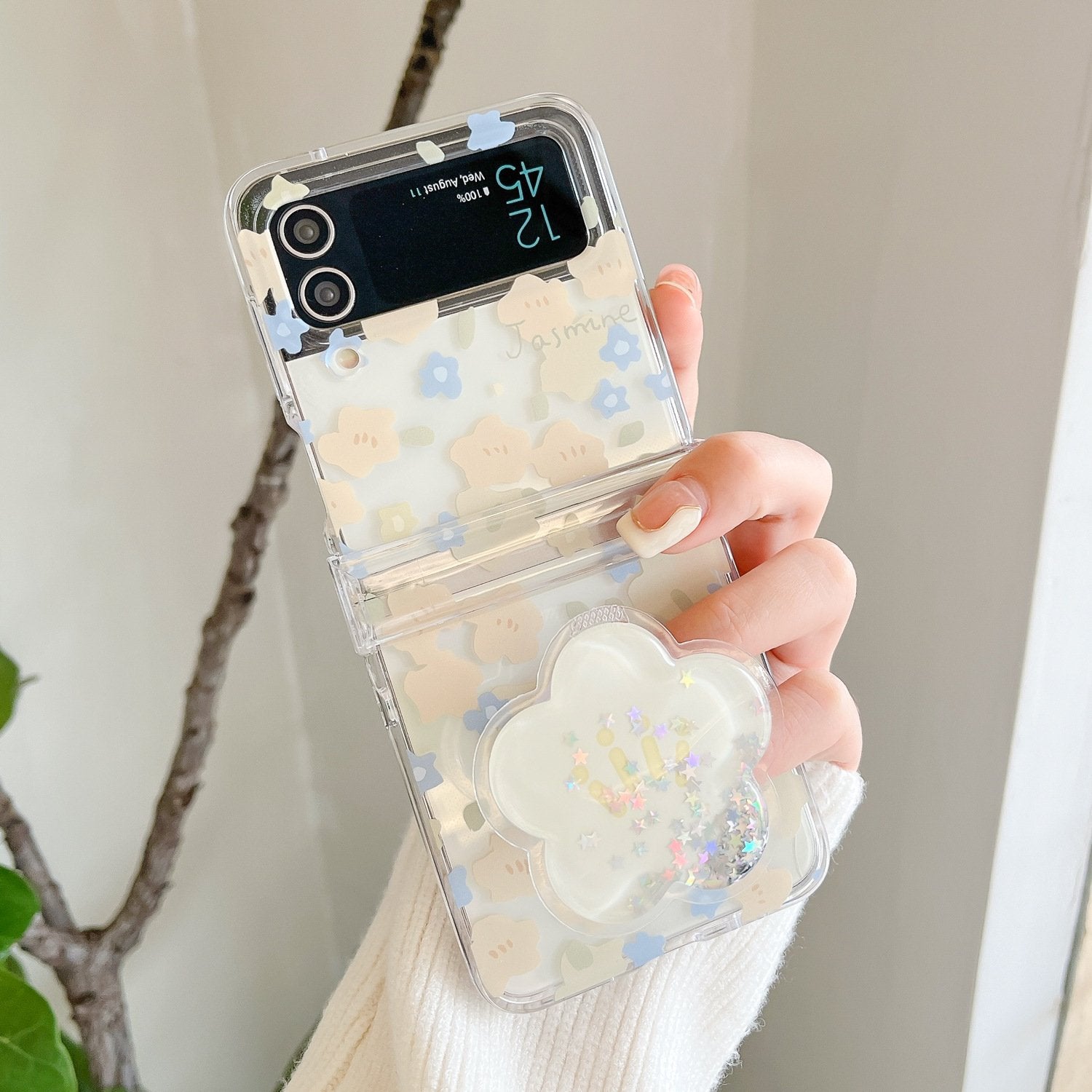Pink and Yellow Flower Protective Case With Quicksand Stand For Galaxy Z Flip 3/Galaxy Z Flip 4/Galaxy Z Flip 5/Galaxy Z Flip 6