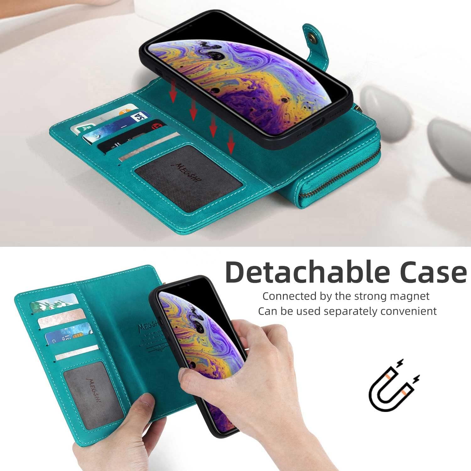 TwoHead for iPhone Wallet Case, Multi-Function Detachable 3 in 1 Magnetic Phone Case Wallet, Flip Strap Zipper Card Holder Phone Case with Shoulder Straps for iPhone