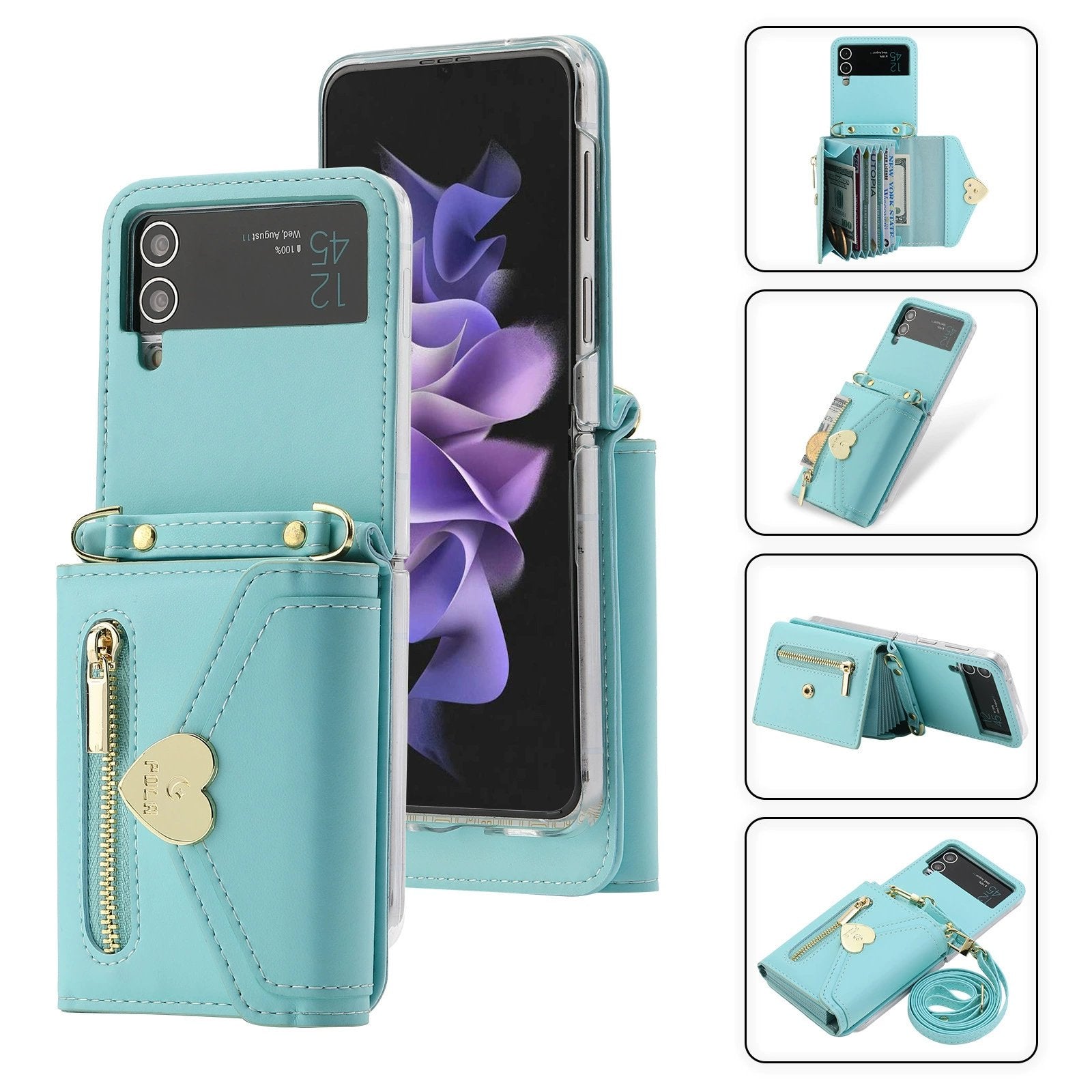 Heart Crossbody Card Holder Phone Case, Compatible with Galaxy Z Flip 3/Galaxy Z Flip 4/Galaxy Z Flip 5/Galaxy Z Flip 6