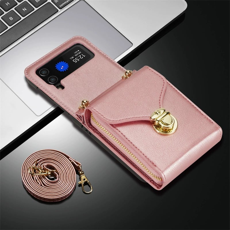 Mobile phone protective case with lanyard, crossbody, zipper card wallet for Galaxy Z Flip 3/Galaxy Z Flip 4/Galaxy Z Flip 5/Galaxy Z Flip 6