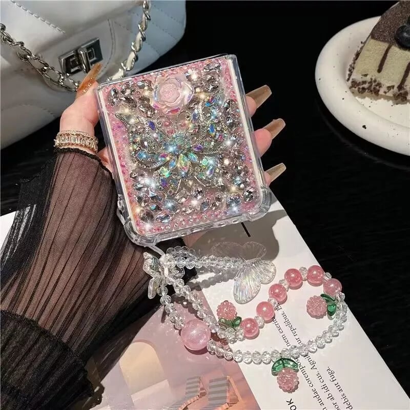 Flower butterfly diamond mobile phone case with bracelet for Galaxy Z Flip 3/Galaxy Z Flip 4/Galaxy Z Flip 5