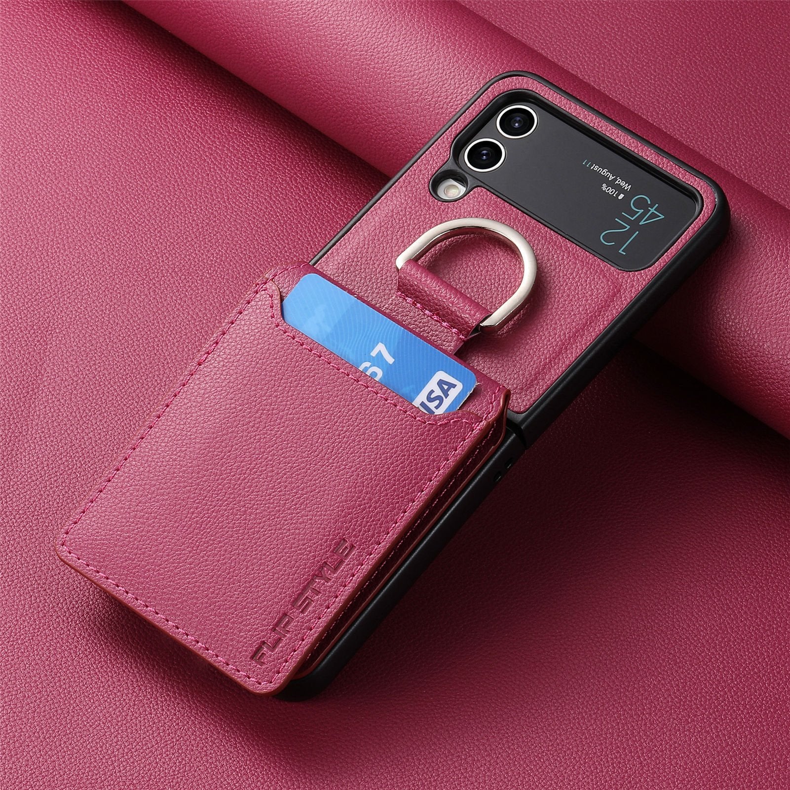 SentimentvalueTM Leather Case with Card Holder and Metal Ring for Galaxy Z Flip 3/Galaxy Z Flip 4/Galaxy Z Flip 5/Galaxy Z Flip 6