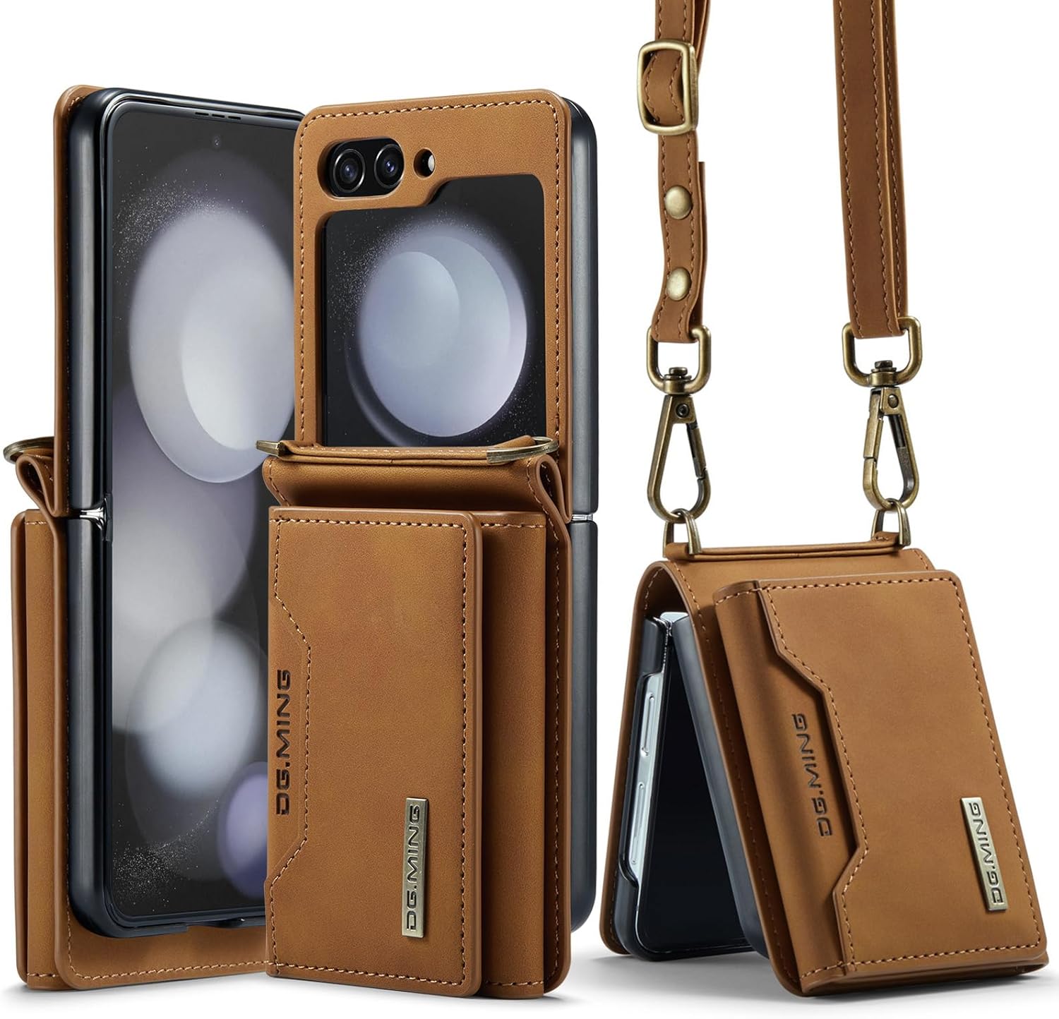 Wallet Case for Galaxy Z Flip 3/Galaxy Z Flip 4/Galaxy Z Flip 5/Galaxy Z Flip 6, Matte Leather, Protective Case with Card Slot Wallet and Shoulder Strap