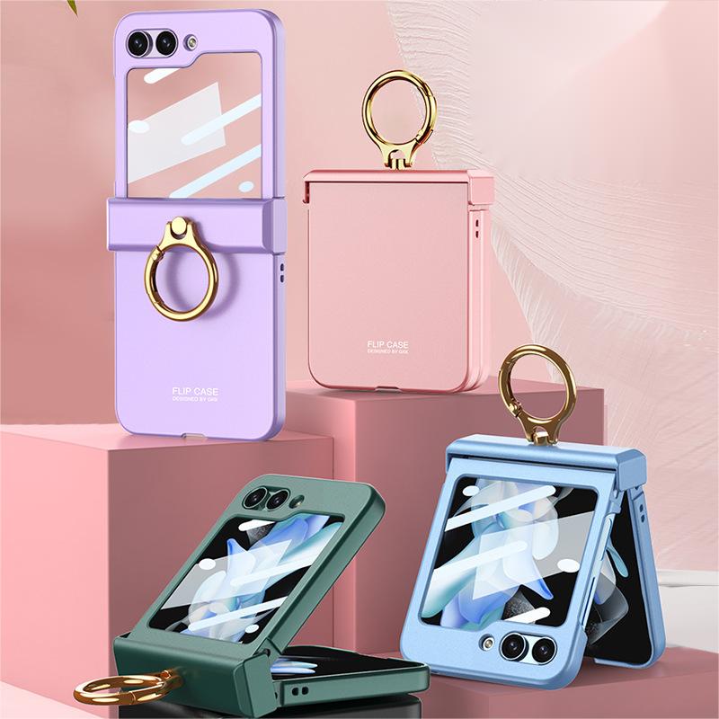 Ultra-thin mobile phone case with hinge ring holder and shell-film integrated for Galaxy Z Flip 5/Galaxy Z Flip 6, drop-proof