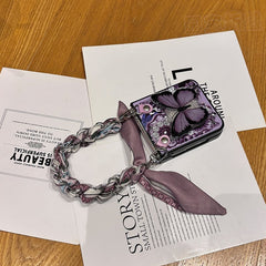Taro Purple Butterfly Phone Case with Purple Butterfly Holder and Purple Houndstooth Scarf Chain, Compatible with Galaxy Z Flip 3/Galaxy Z Flip 4/Galaxy Z Flip 5/Galaxy Z Flip 6