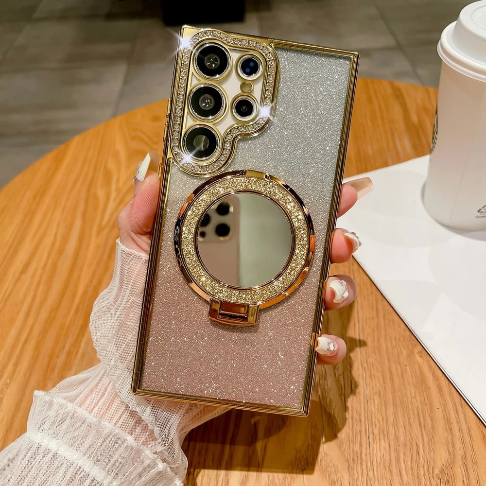 Luxury Glitter Mirror Magnetic Ring Holder Case For Samsung Galaxy S25 S24 S23 S22 Plus Ultra