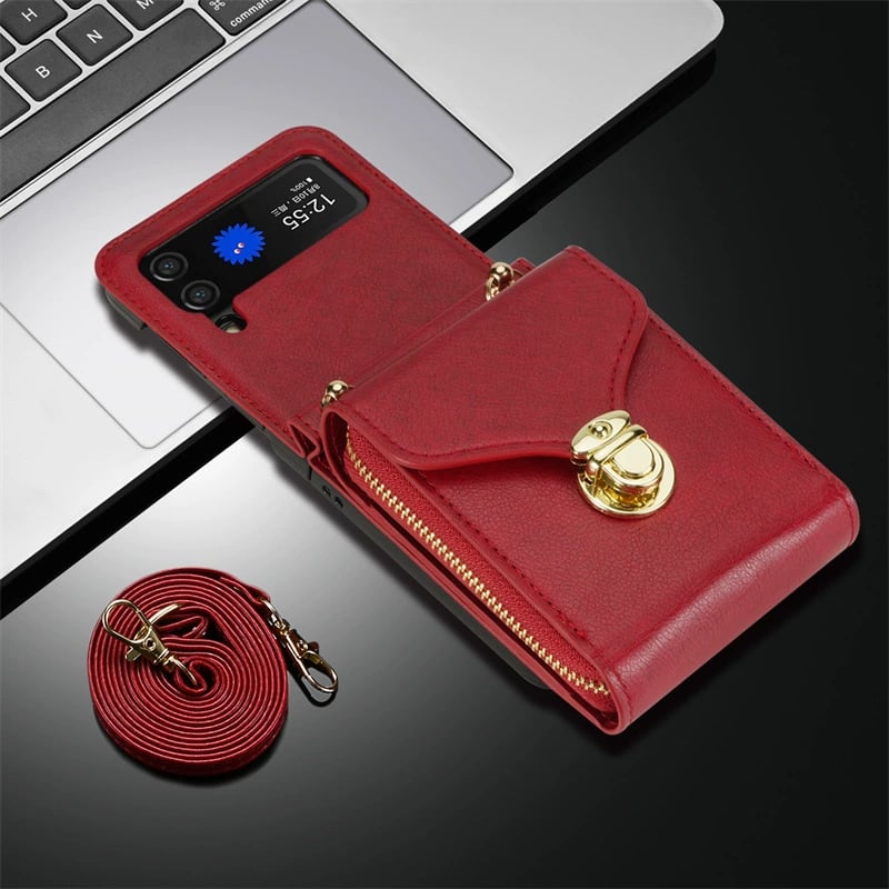 Mobile phone protective case with lanyard, crossbody, zipper card wallet for Galaxy Z Flip 3/Galaxy Z Flip 4/Galaxy Z Flip 5/Galaxy Z Flip 6
