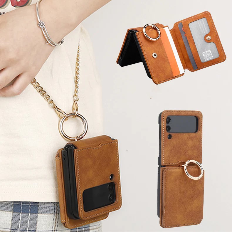 Ring Card Holder Phone Case With Chain For Galaxy Z Flip 3/Galaxy Z Flip 4/Galaxy Z Flip 5/Galaxy Z Flip 6