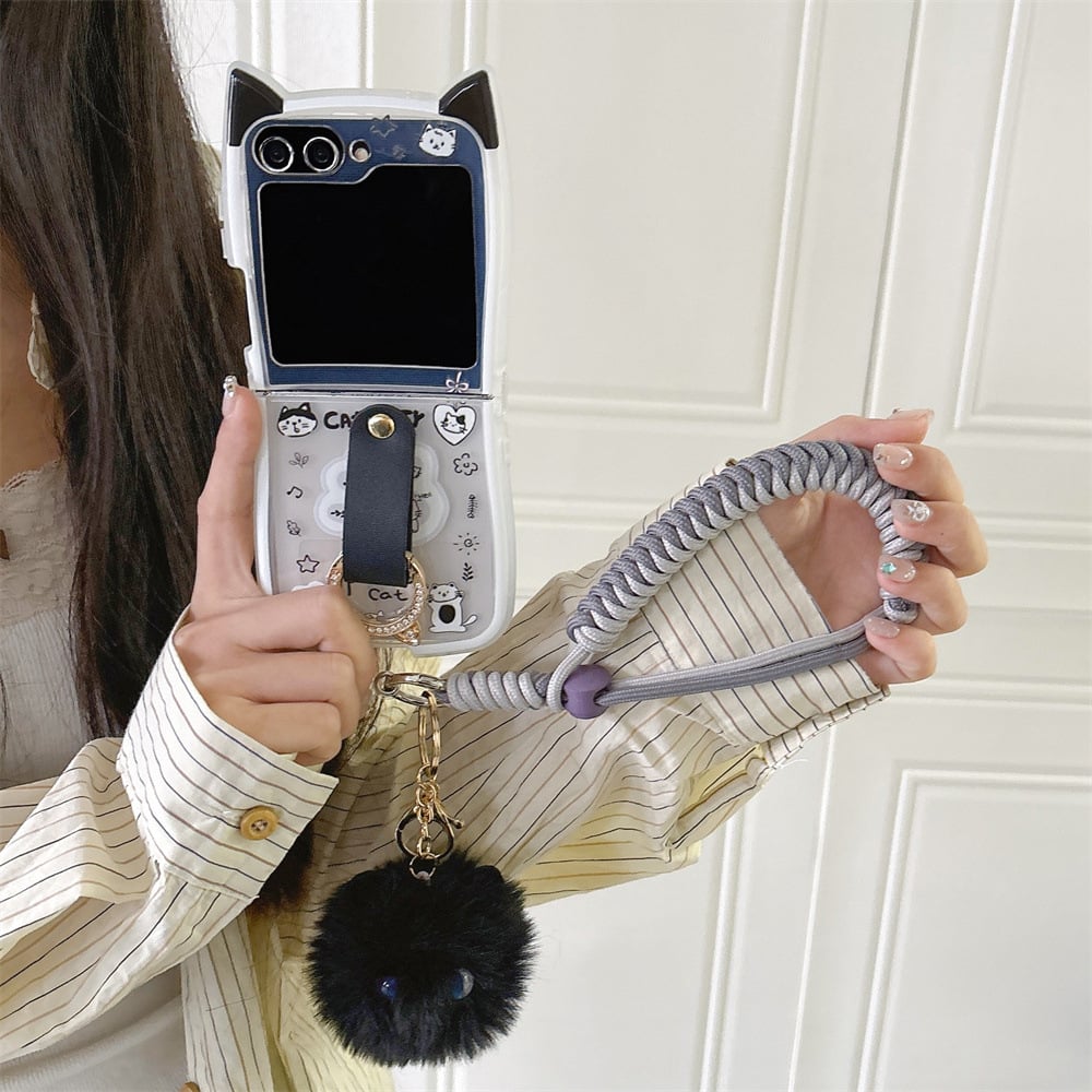 Cute 3D Cat Ear Graffiti Cat Phone Case, Suitable for Galaxy Z Flip 3/Galaxy Z Flip 4/Galaxy Z Flip 5/Galaxy Z Flip 6