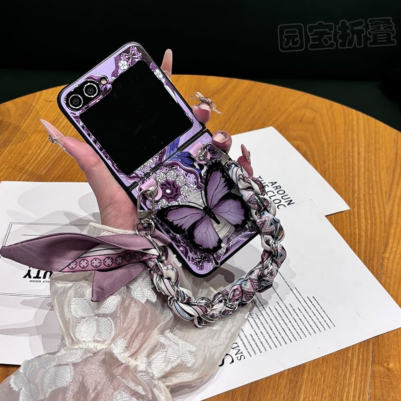Taro Purple Butterfly Phone Case with Purple Butterfly Holder and Purple Houndstooth Scarf Chain, Compatible with Galaxy Z Flip 3/Galaxy Z Flip 4/Galaxy Z Flip 5/Galaxy Z Flip 6