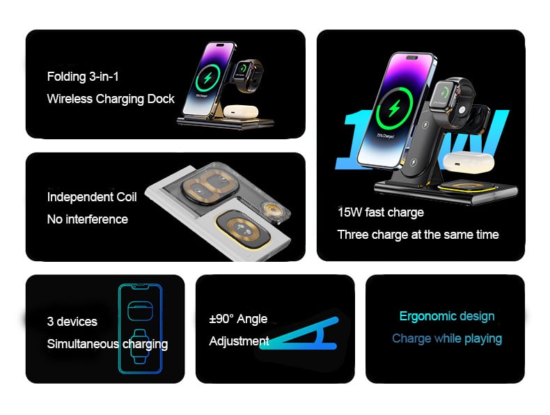 15W 3 in 1 LED Foldable Wireless Charger Stand For Samsung Or iPhone